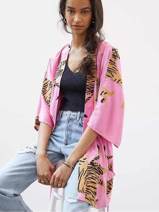 Anthropologie Tops - NWT Anthropologie Emerson Fry Fete Tiger Kimono Animal Pink Tan Medium Large